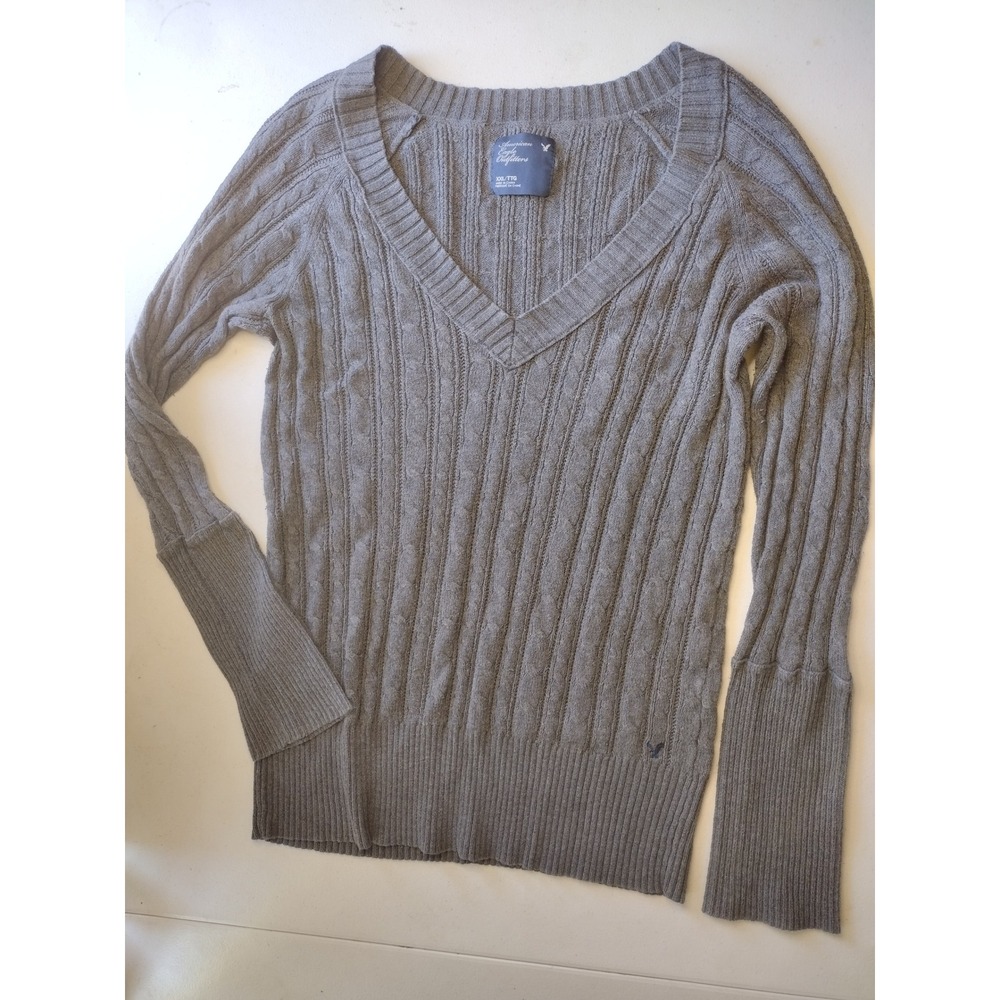 Y2K American Eagle Womens Grey Cable Knit V-Neck Pullover Sweater XXL